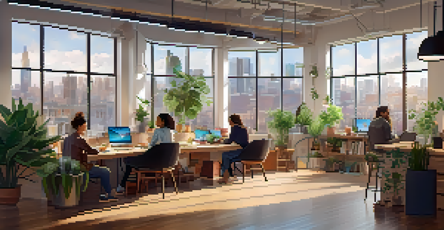 A bright co-working space with people collaborating at shared tables, large windows showing a city skyline.