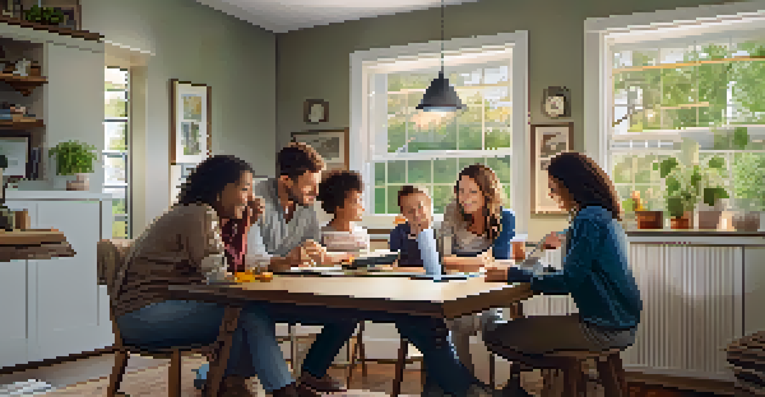 A family in a bright home interior discussing mortgage options at a table with a laptop showing financial graphs.