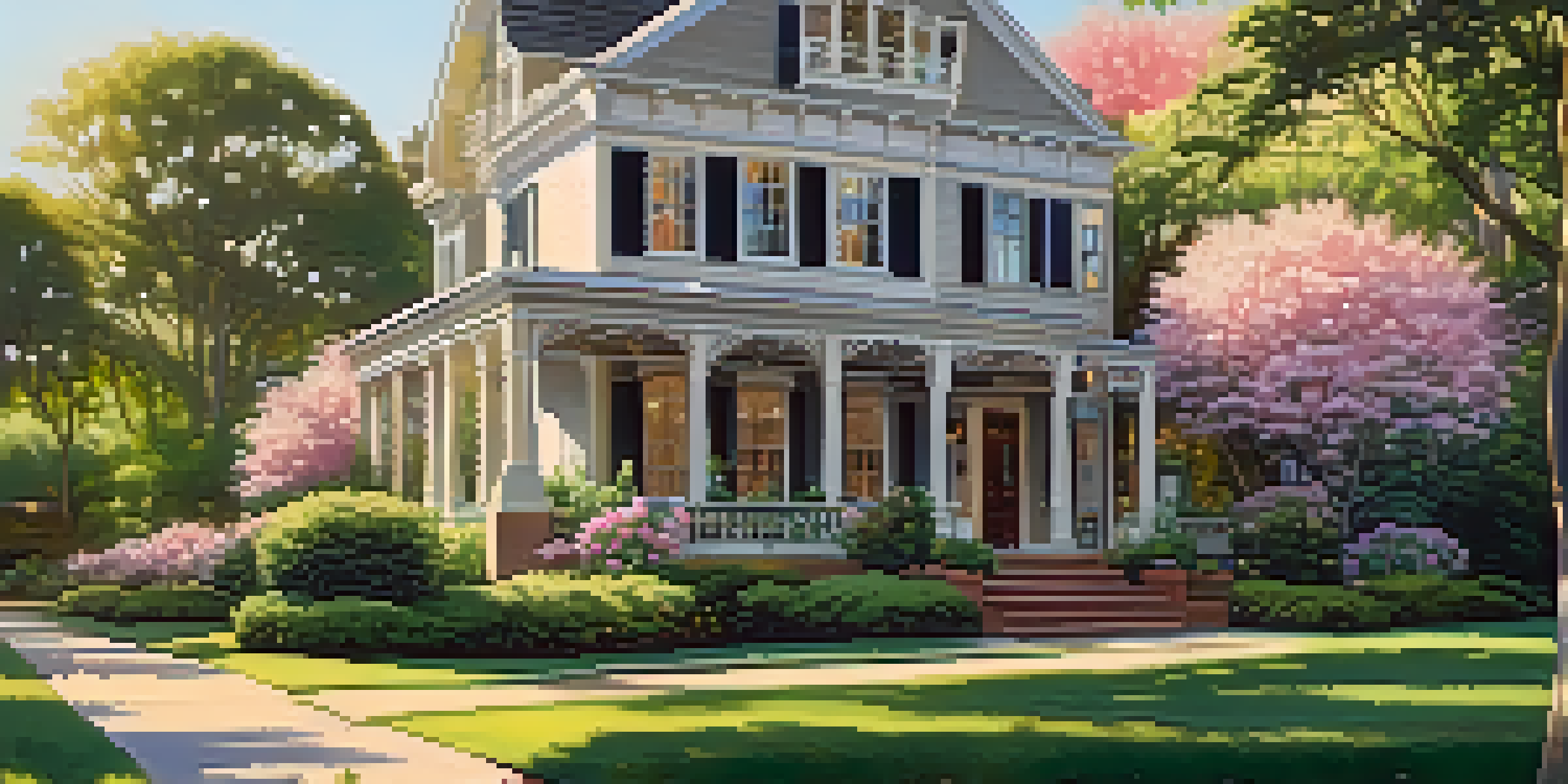A beautiful historic home surrounded by blooming flowers and greenery, illuminated by soft sunlight.