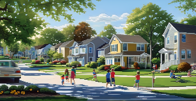 A vibrant suburban neighborhood with beautiful homes, green lawns, and a park where children are playing.