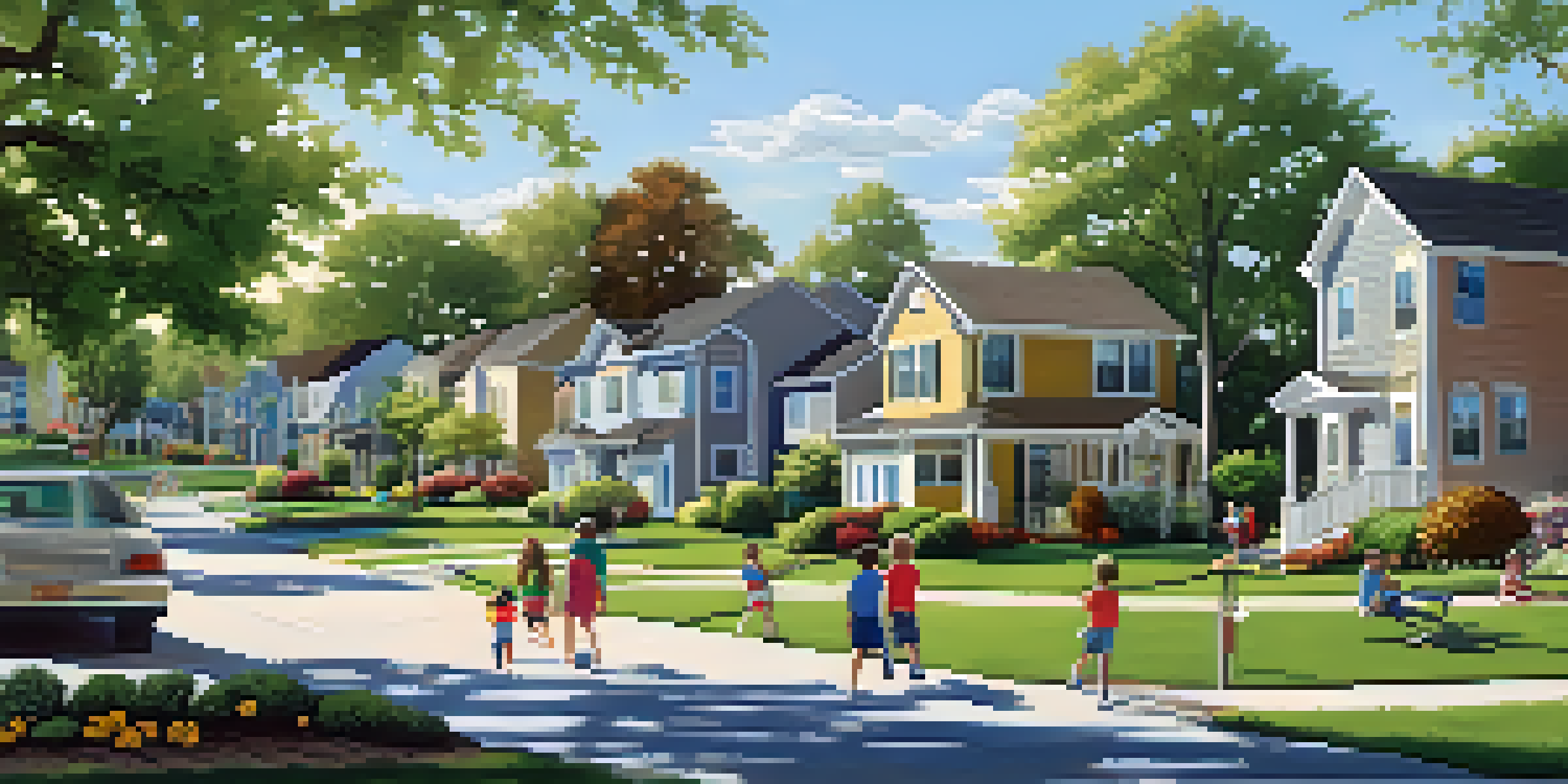 A vibrant suburban neighborhood with beautiful homes, green lawns, and a park where children are playing.