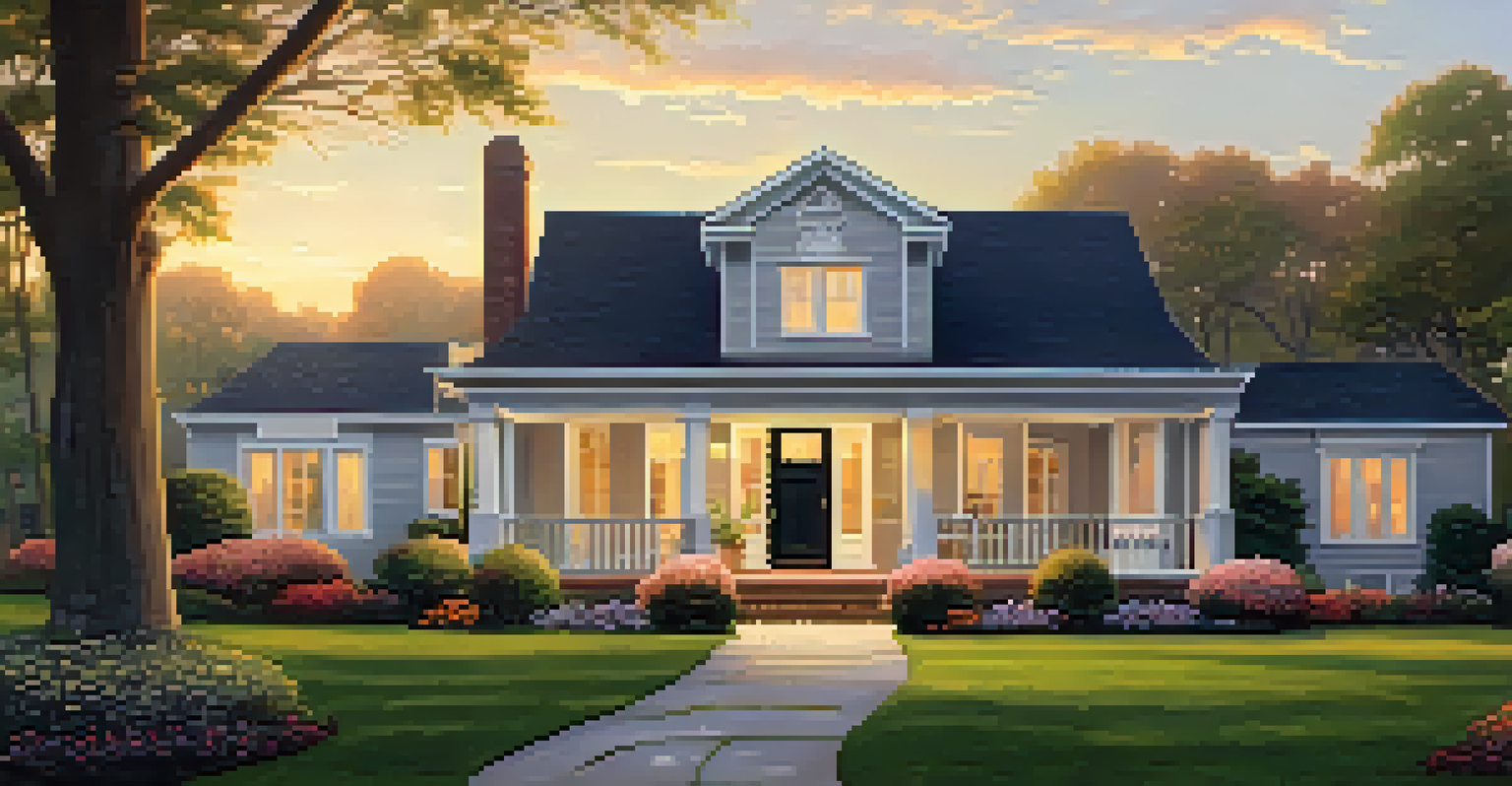 A beautiful home with a manicured lawn and flowers during sunset.