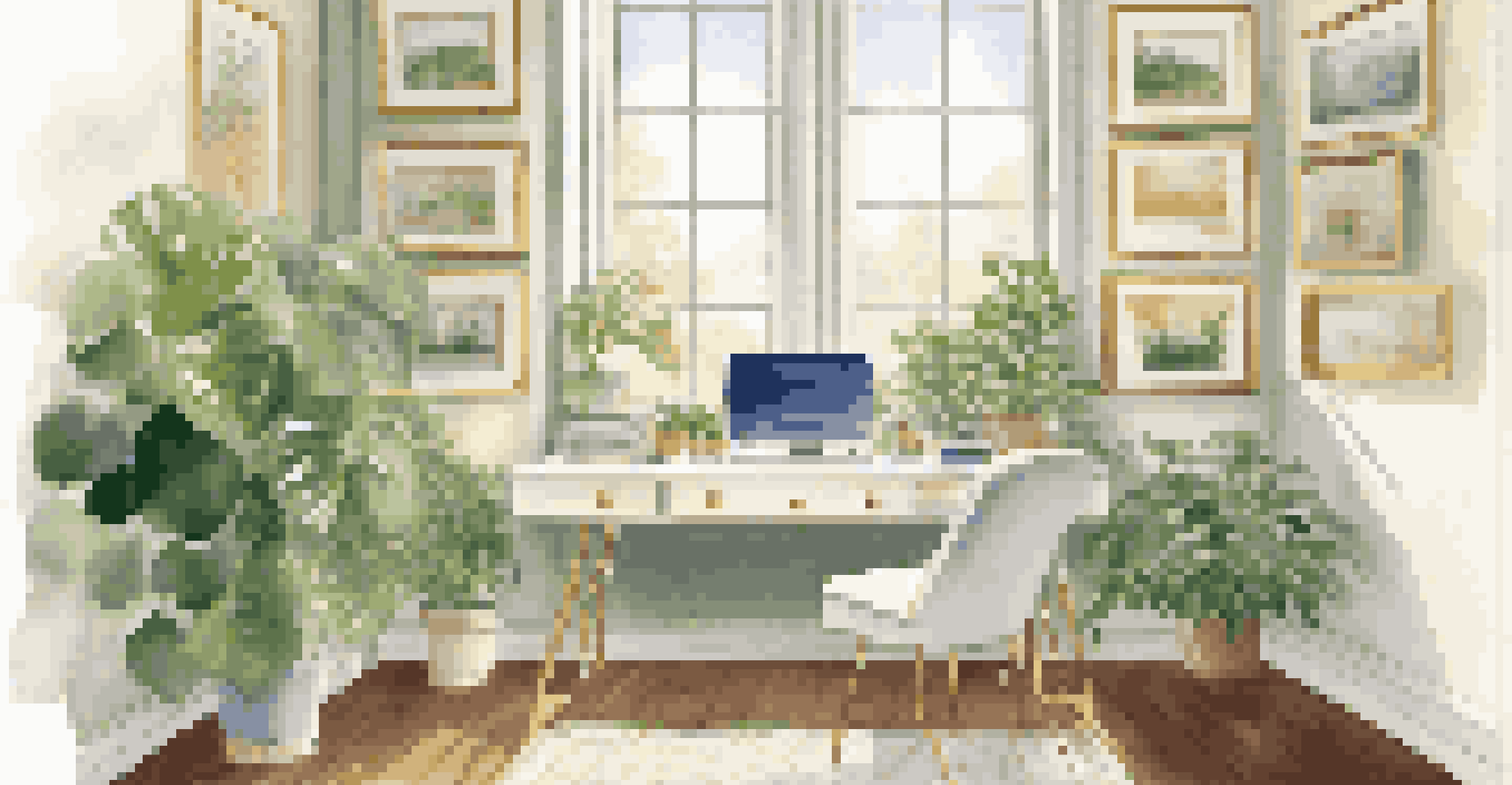 A home office featuring a glass desk, soft cream walls, a view of a garden, and pothos plants on the windowsill, creating a warm and lively environment.