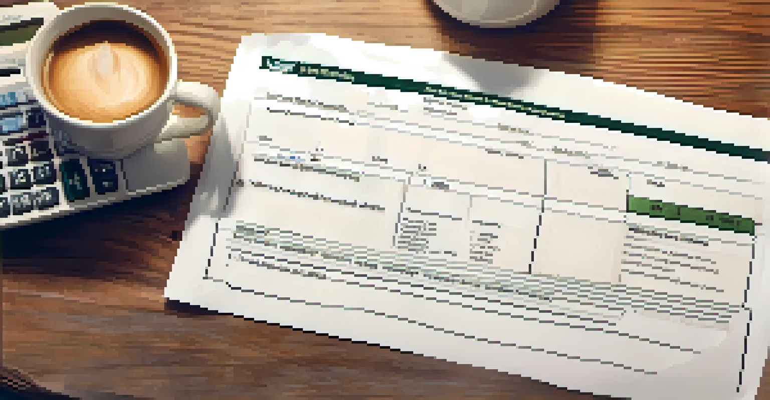 A close-up of a hand examining a credit report with a calculator and mortgage application on a wooden table.