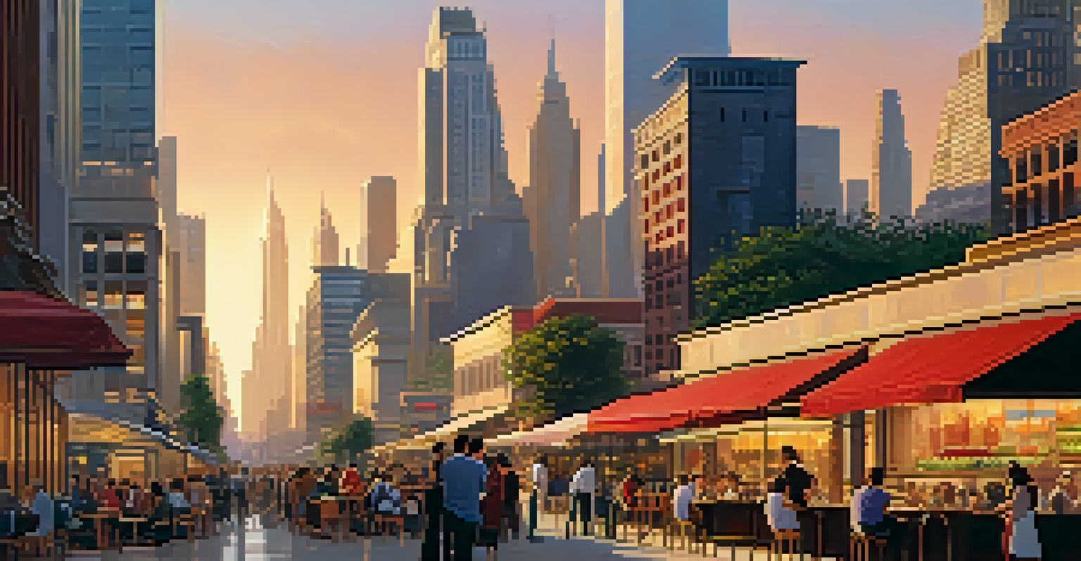 A city skyline at sunset with skyscrapers reflecting the sun, and a bustling street filled with people.