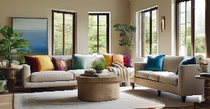 A bright and cozy living room with a beige sofa, colorful cushions, and a view of a sunny garden outside the window.