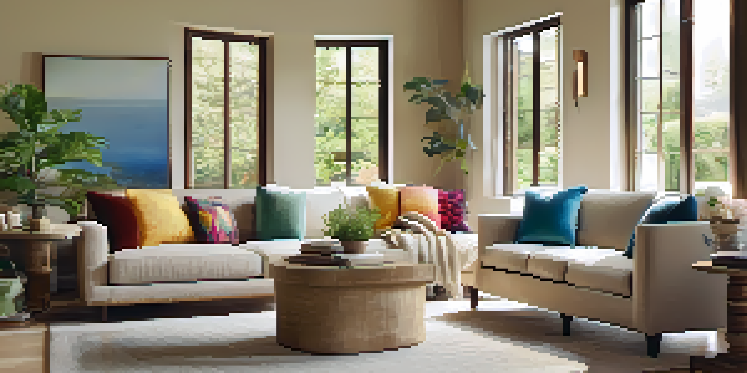A bright and cozy living room with a beige sofa, colorful cushions, and a view of a sunny garden outside the window.