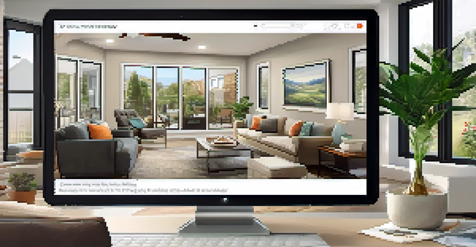 A real estate agent presenting a virtual open house in a bright living room, engaging with an audience on a laptop.