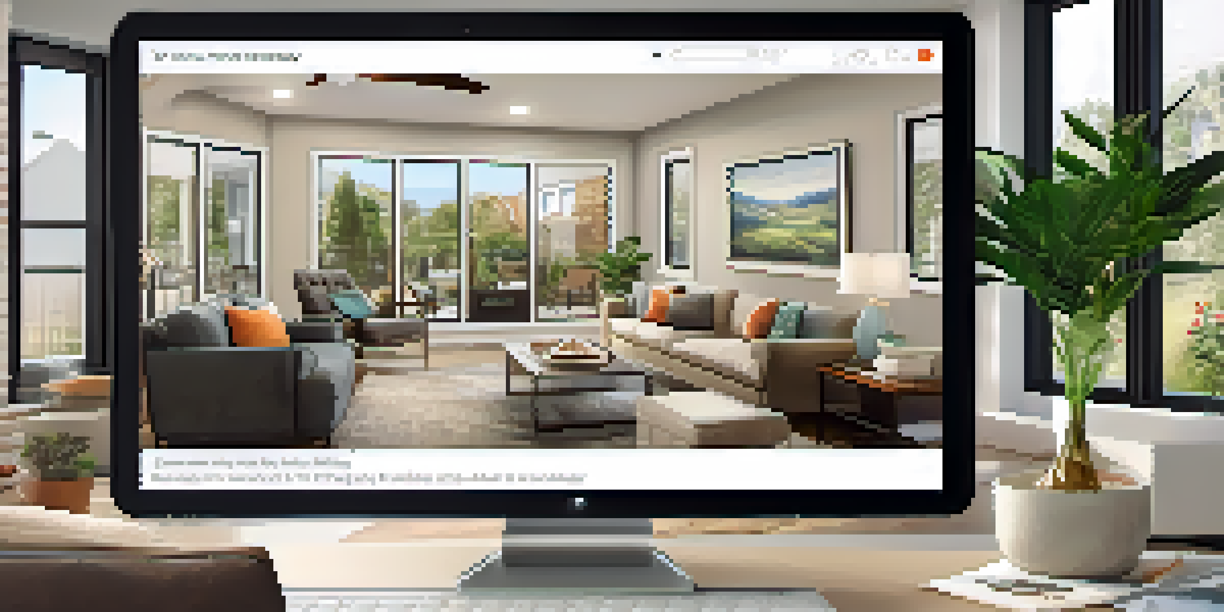 A real estate agent presenting a virtual open house in a bright living room, engaging with an audience on a laptop.