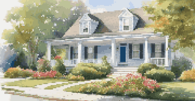 A beautifully maintained rental property with manicured landscaping and a cozy front porch.