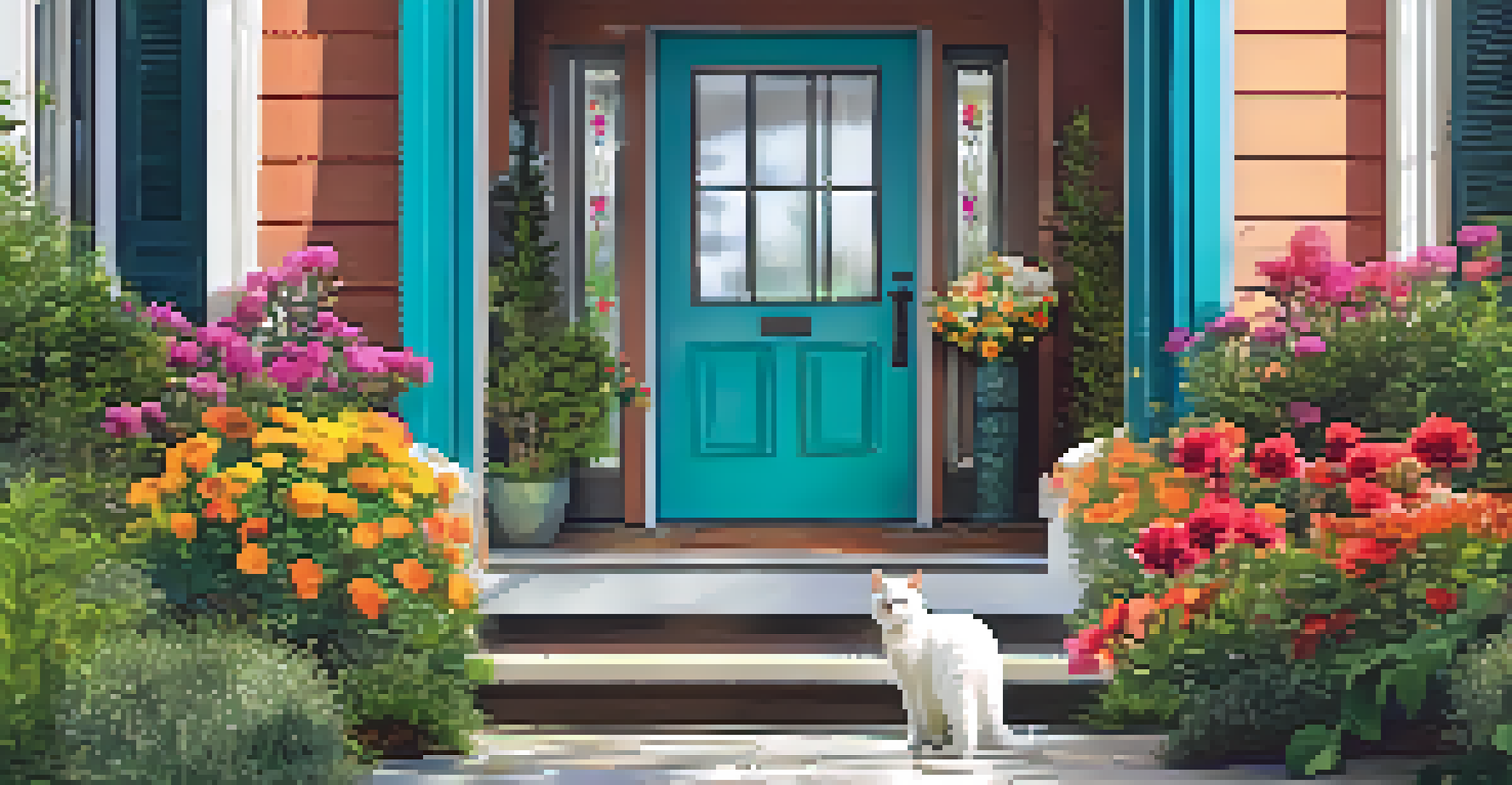 A smart pet door in a vibrant garden with a cat walking through, surrounded by colorful flowers.