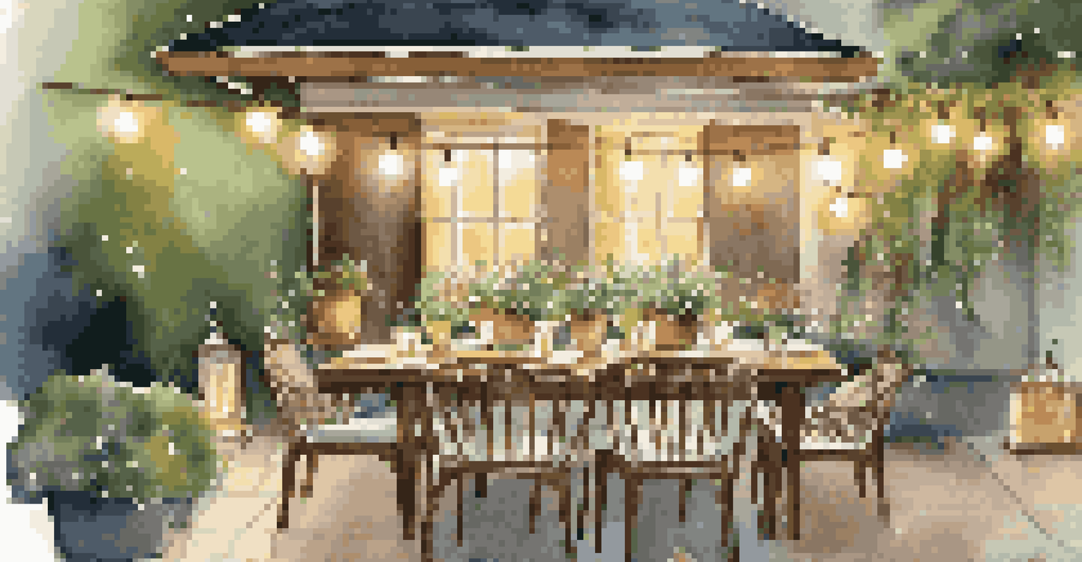 An outdoor dining area set for a meal with a wooden table, string lights, and fresh flowers.