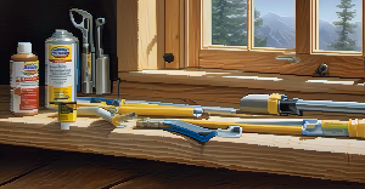 A toolkit with weather stripping and caulk on a workbench, alongside a partially sealed window, indicating home improvement.