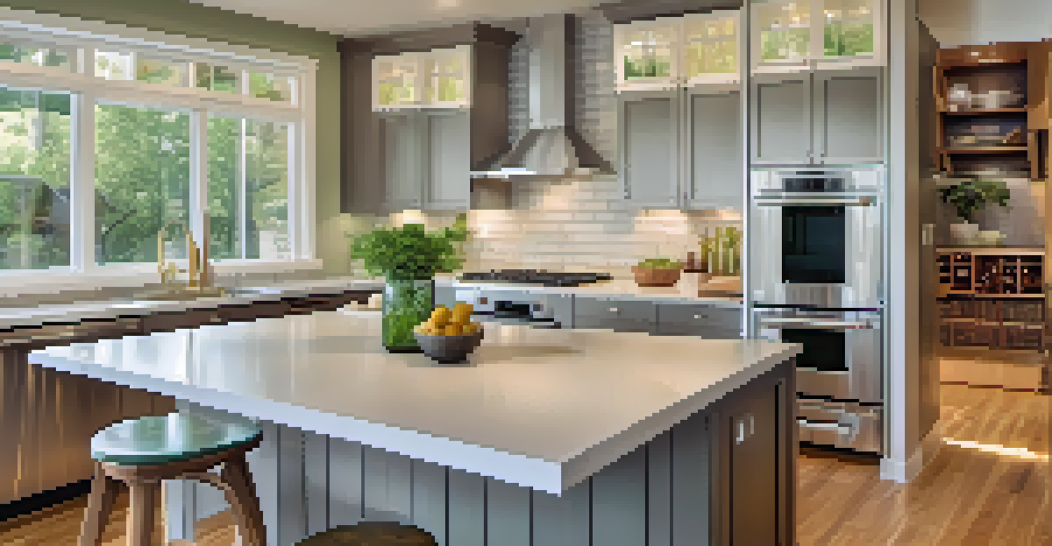 A close-up of a modern kitchen with energy-efficient appliances, bamboo flooring, and recycled glass countertops.