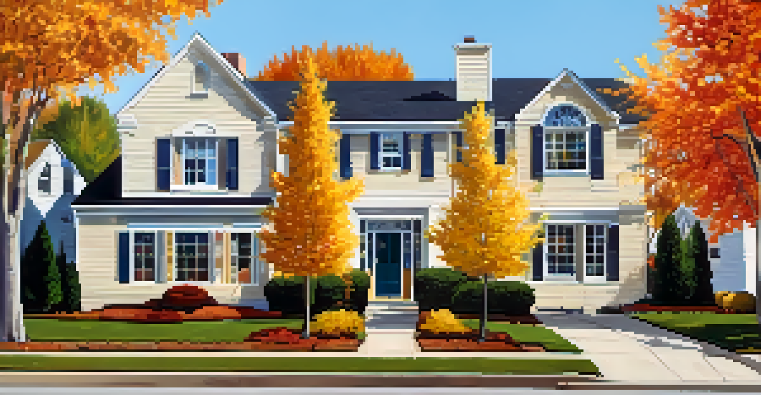 A picturesque suburban neighborhood in autumn with colorful trees, well-kept homes, and a 'For Sale' sign in front of one house.