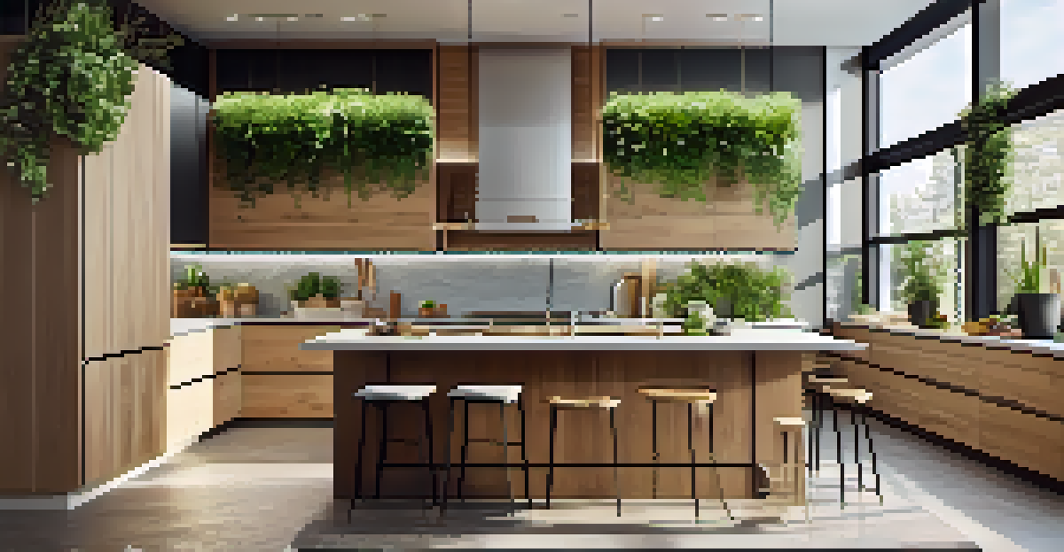 A bright and modern kitchen with a vertical herb garden, large windows, and natural materials.