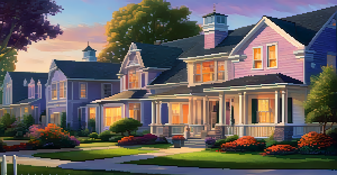 A suburban neighborhood at sunset with a charming house, a couple discussing, and a 'For Sale' sign.