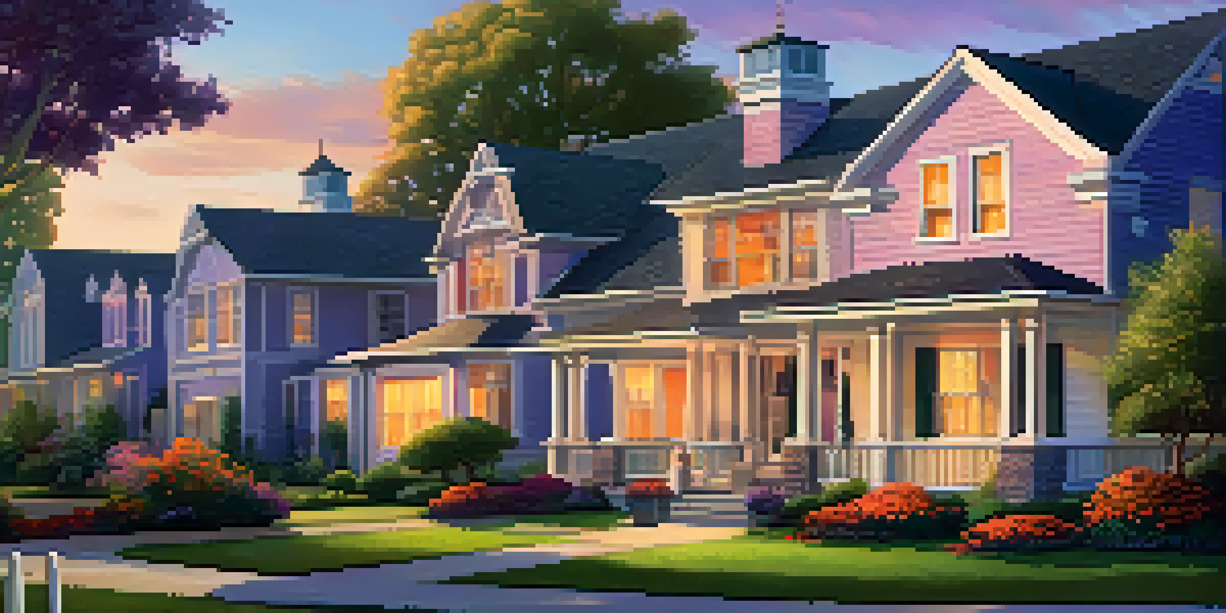 A suburban neighborhood at sunset with a charming house, a couple discussing, and a 'For Sale' sign.