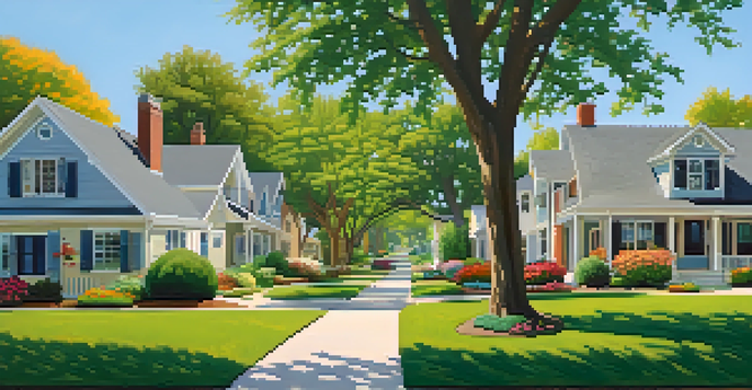 A peaceful suburban neighborhood with renovated homes and vibrant gardens under a bright sky.