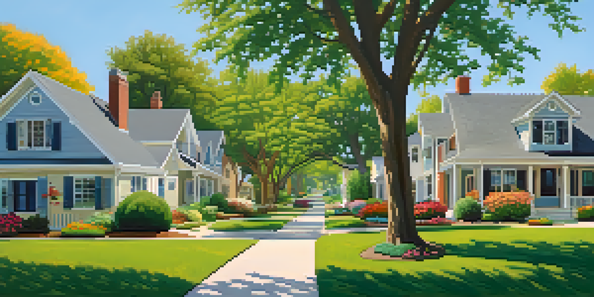 A peaceful suburban neighborhood with renovated homes and vibrant gardens under a bright sky.