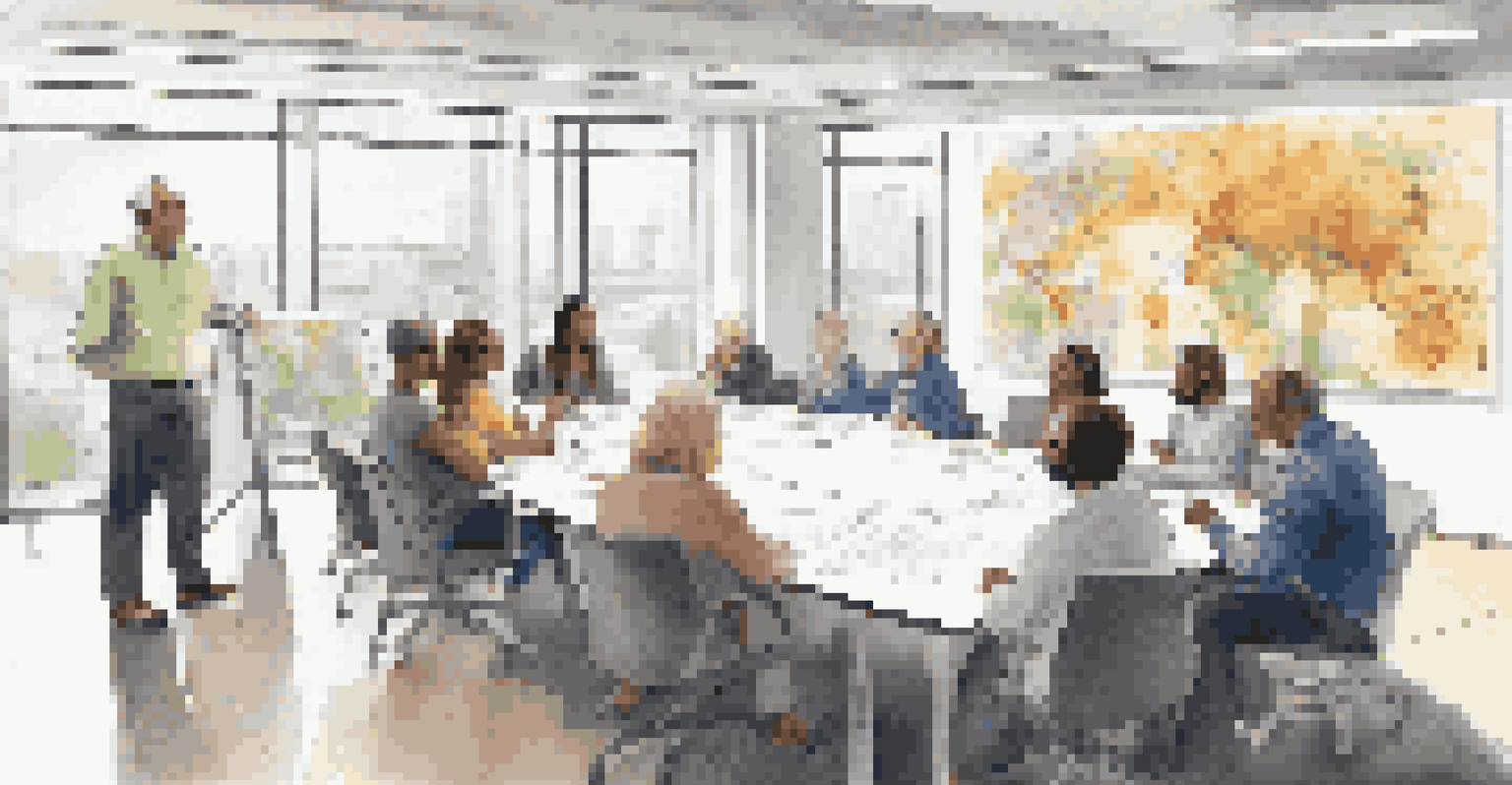 A diverse group of people discussing urban planning in a modern conference room with maps and documents.