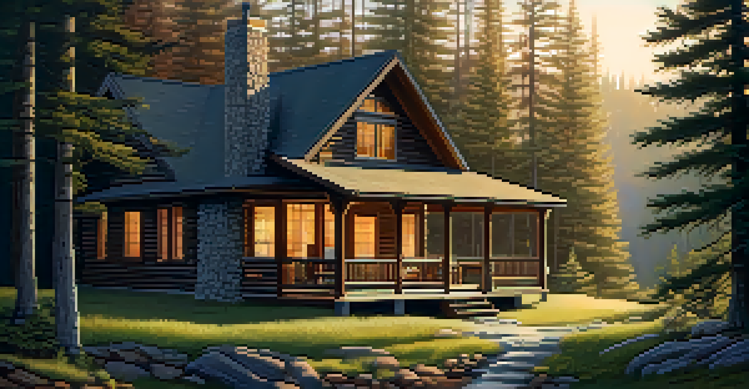 A charming vacation rental cabin in a forest with a creek and warm light glowing from the windows.
