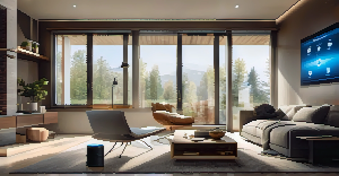 A modern living room featuring a smartphone with a home automation app, smart light bulbs, and a thermostat.