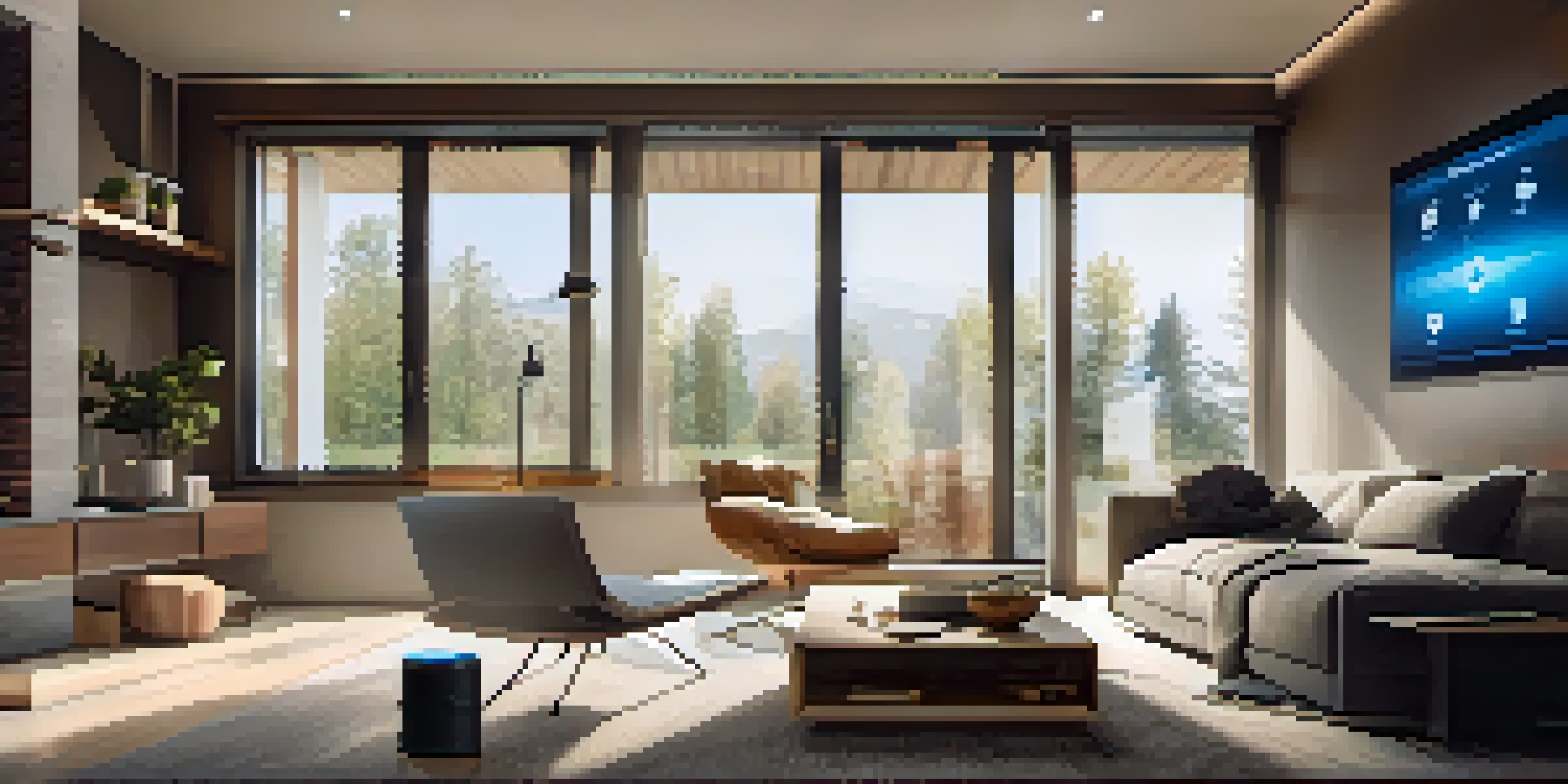 A modern living room featuring a smartphone with a home automation app, smart light bulbs, and a thermostat.