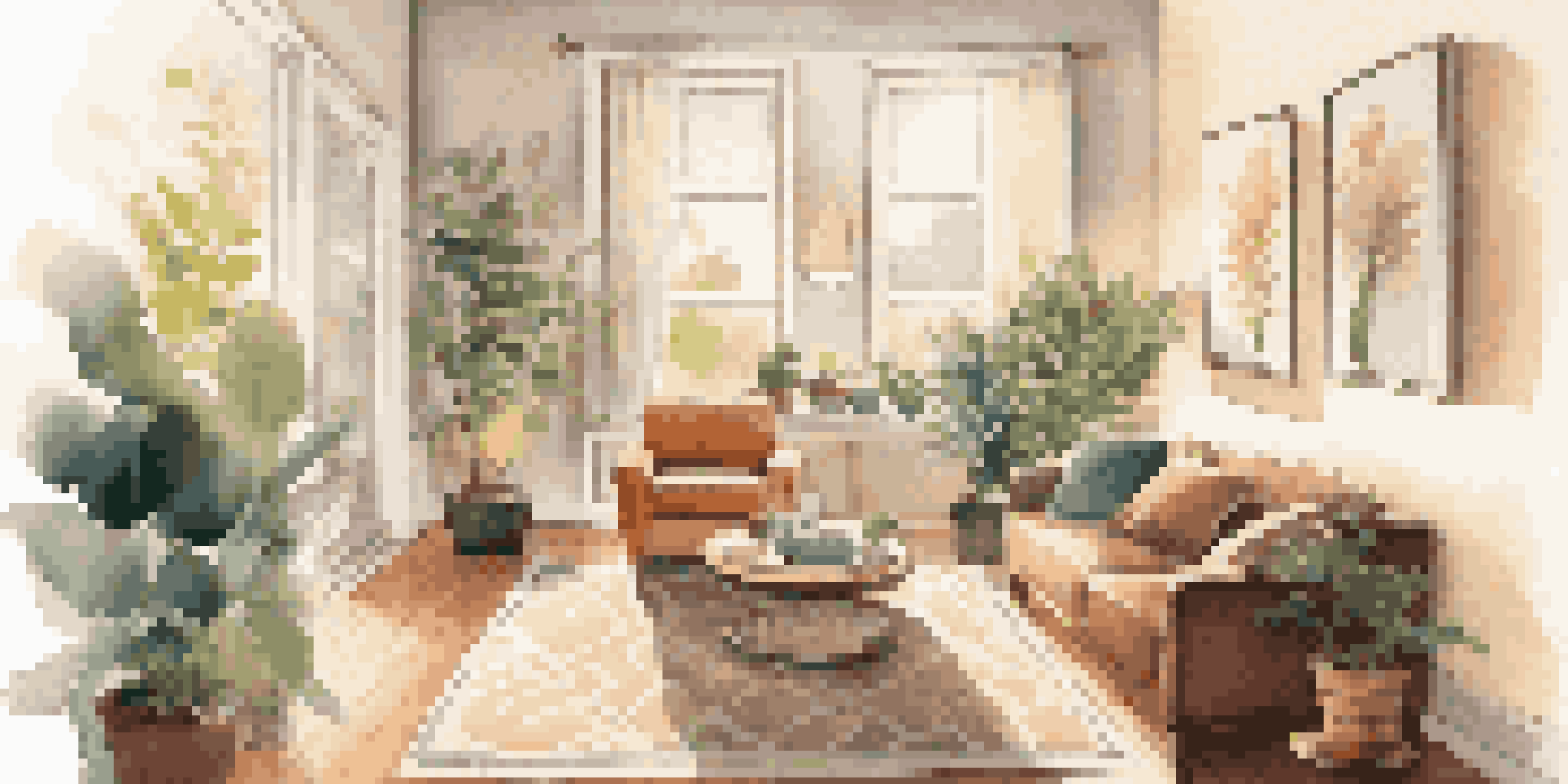 A bright and inviting living room with a rental policy document on a coffee table, showcasing a cozy atmosphere with plants and natural light.