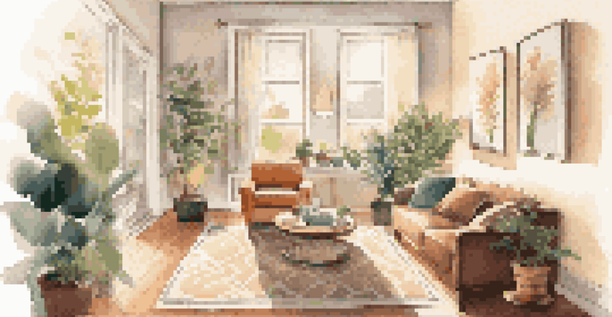 A bright and inviting living room with a rental policy document on a coffee table, showcasing a cozy atmosphere with plants and natural light.