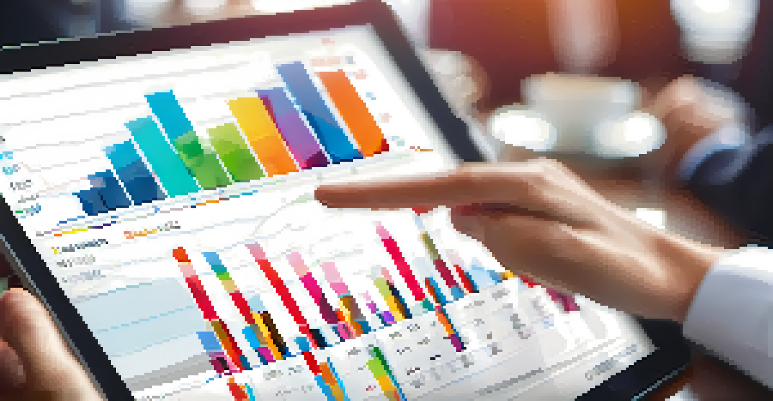 A close-up of a financial chart on a tablet with a blurred business meeting in the background.