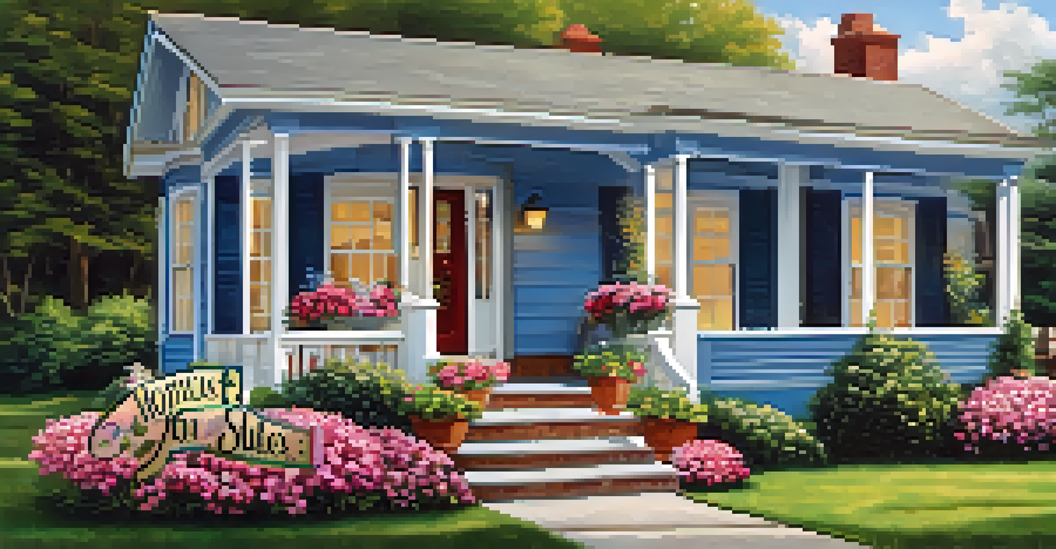 A real estate sign in front of a charming home surrounded by flowers, indicating the property is for sale.