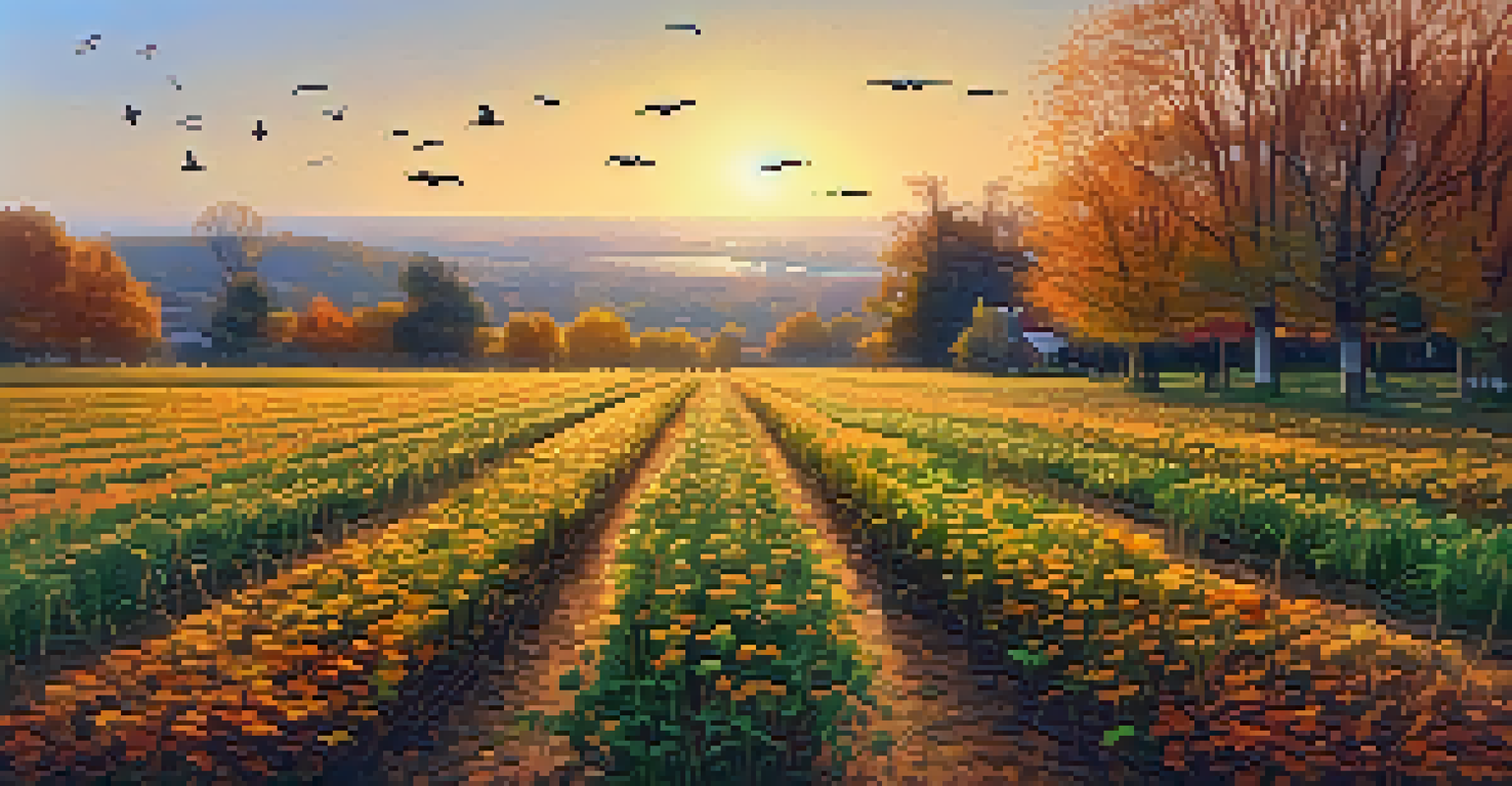 An autumn garden with cover crops and fallen leaves, illuminated by the golden glow of the setting sun.