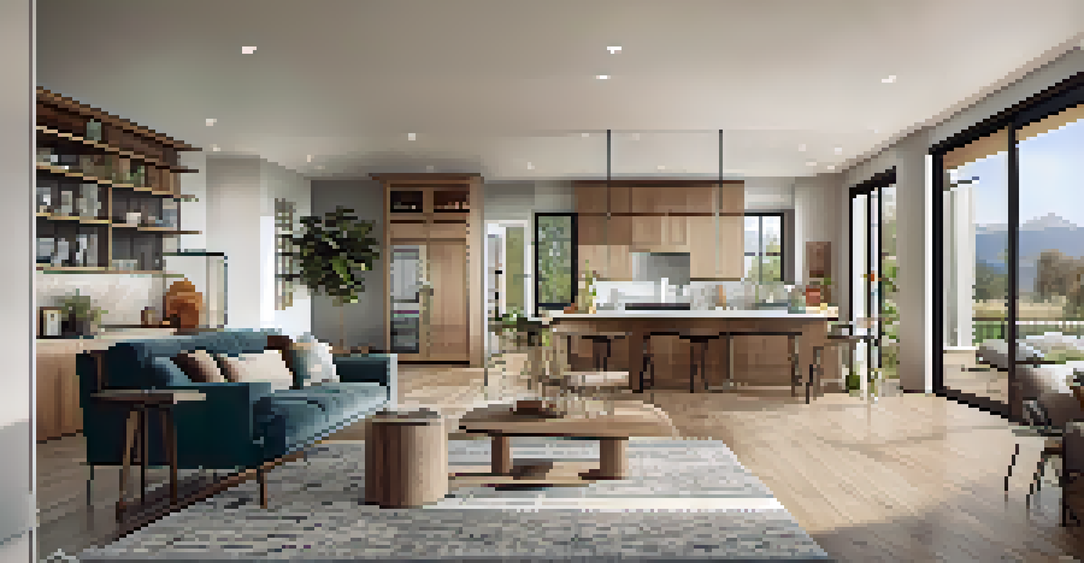 An open-concept living area that connects the kitchen, dining, and living spaces, highlighted by natural light and distinct zones.