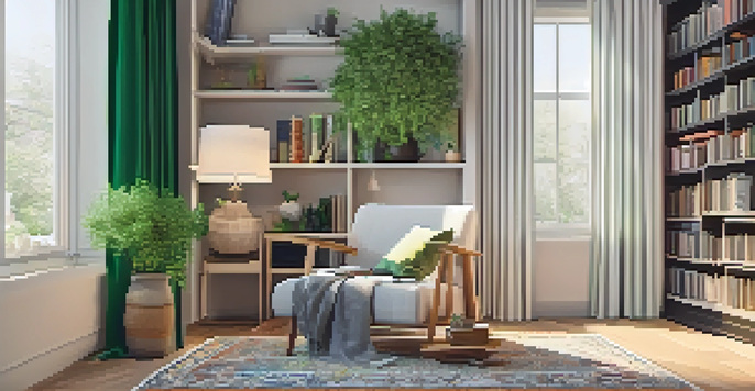 A cozy reading nook with a corner chair, decorative pillows, a floating shelf with books and plants, light curtains, and a patterned rug.