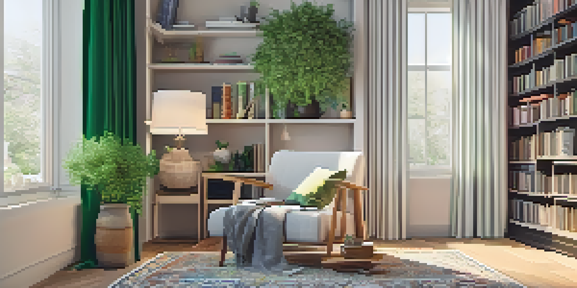 A cozy reading nook with a corner chair, decorative pillows, a floating shelf with books and plants, light curtains, and a patterned rug.
