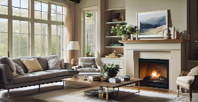A cozy living room with a warm fireplace, plush furniture, and natural light streaming through large windows.
