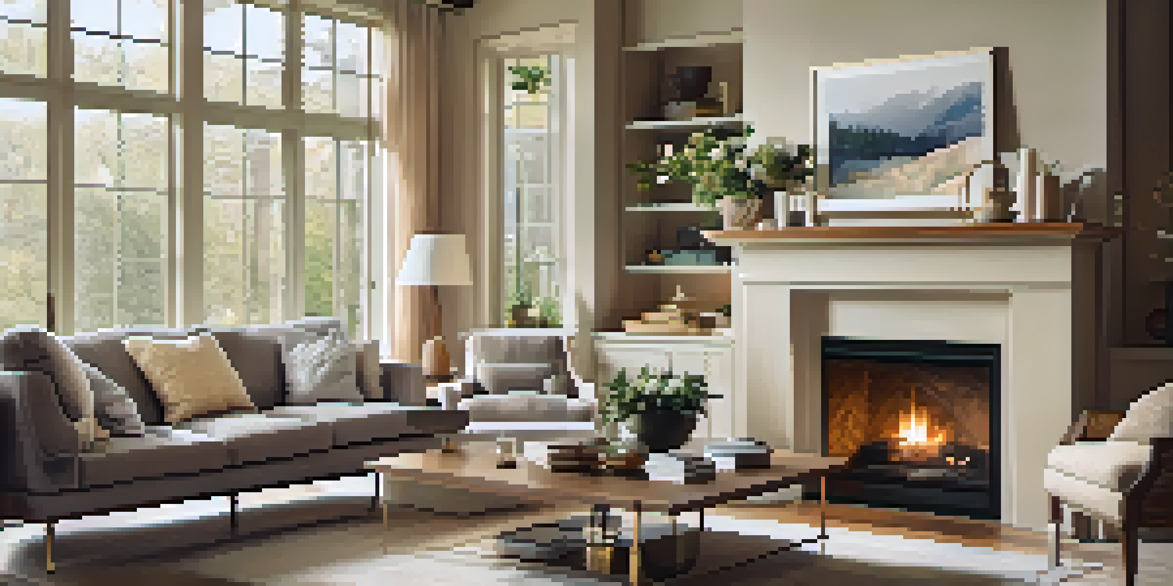 A cozy living room with a warm fireplace, plush furniture, and natural light streaming through large windows.