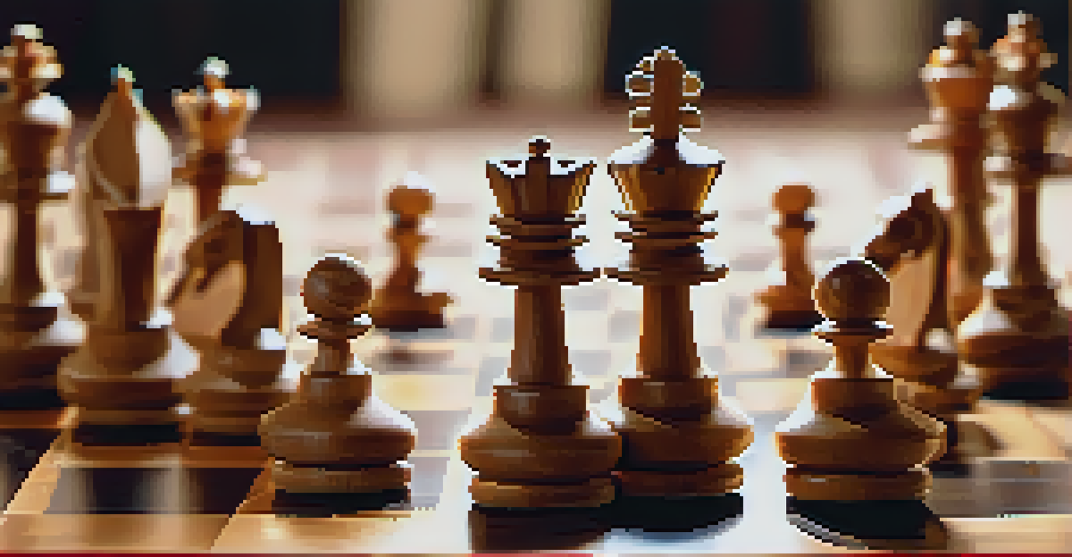 A chessboard with strategically placed pieces, representing negotiation tactics, with warm lighting highlighting the polished wood.