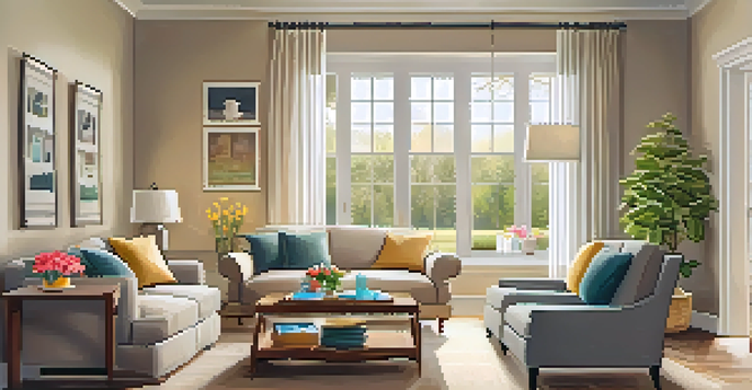 A cozy living room with a sofa, coffee table, and bookshelf, illuminated by natural light from a window.