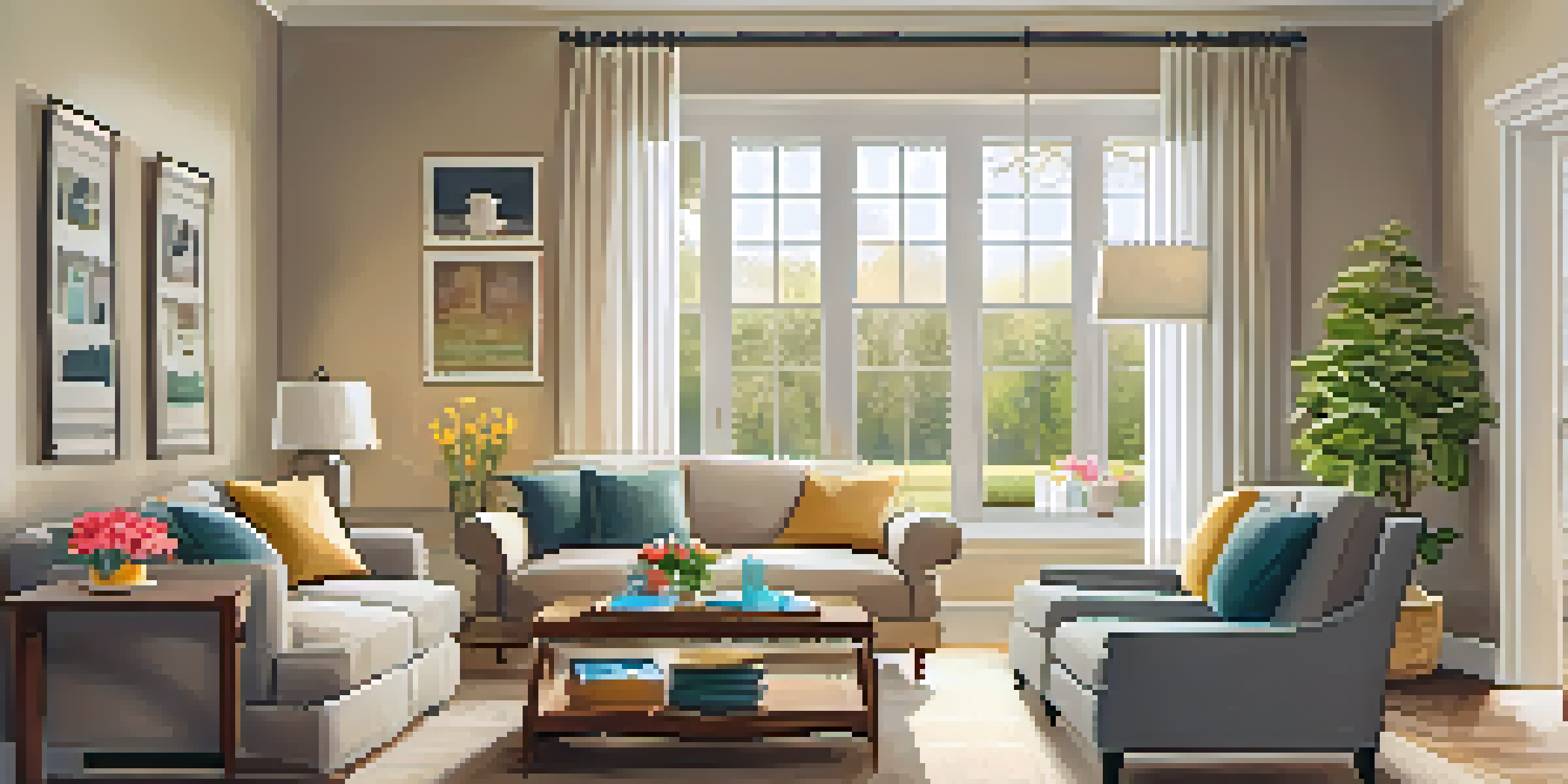 A cozy living room with a sofa, coffee table, and bookshelf, illuminated by natural light from a window.