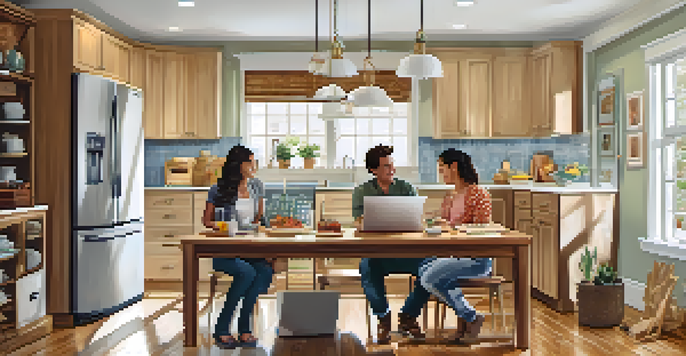 A family gathered around a kitchen table with a laptop displaying financial graphs, highlighting discussions about home equity.