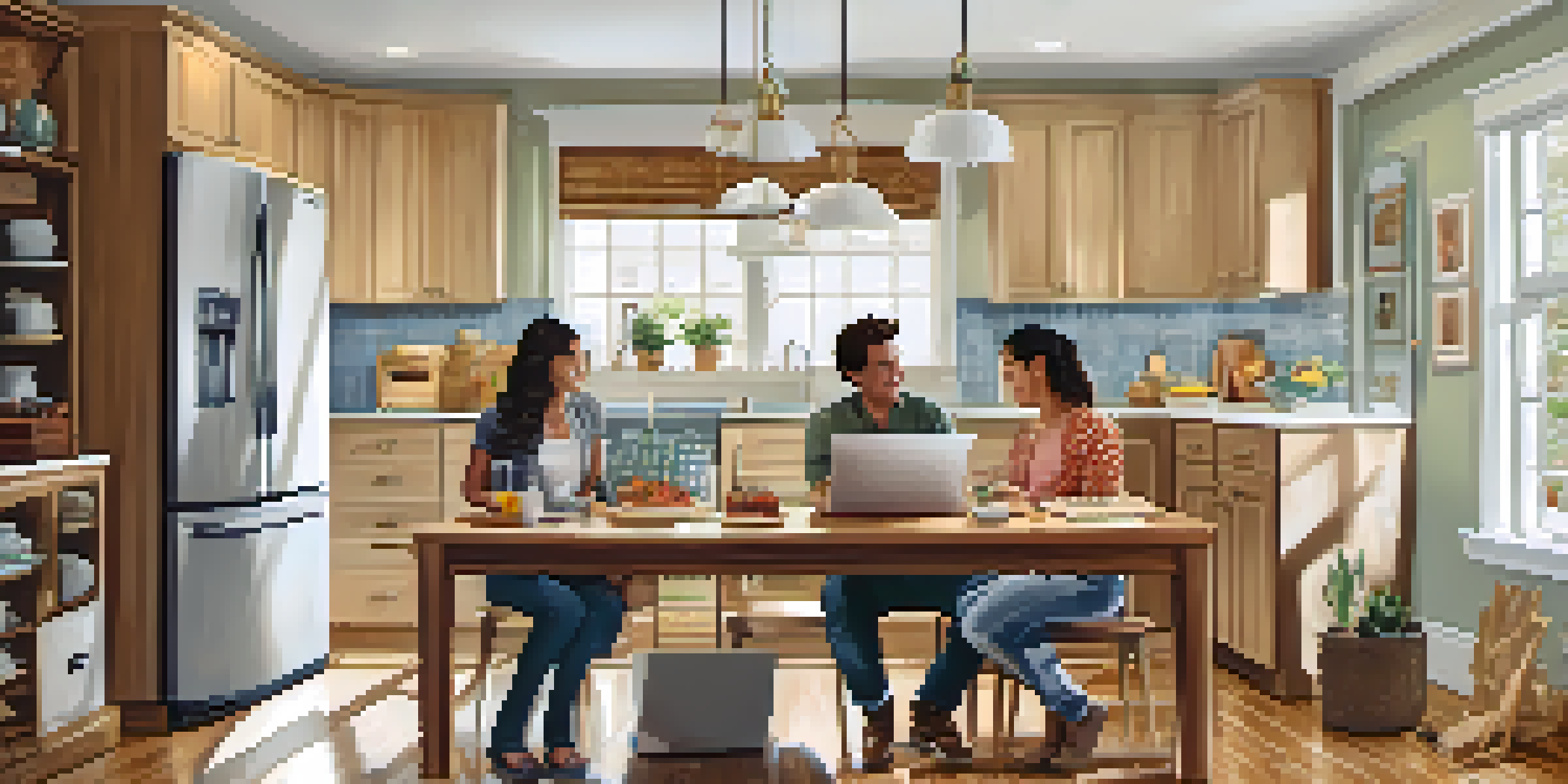 A family gathered around a kitchen table with a laptop displaying financial graphs, highlighting discussions about home equity.