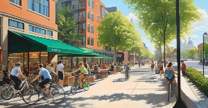 A bustling urban area with bike paths, pedestrians, and modern buildings surrounded by greenery.