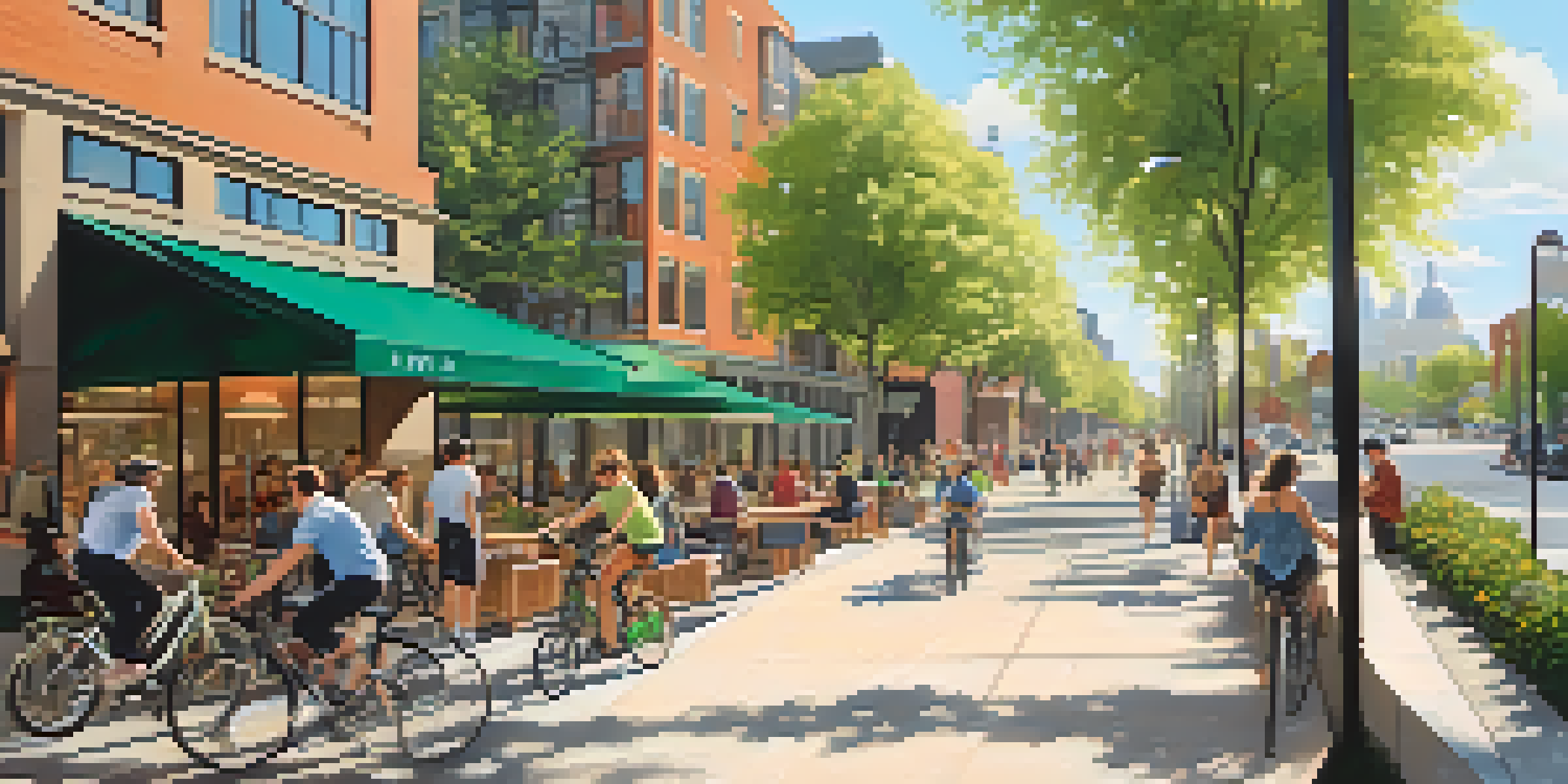 A bustling urban area with bike paths, pedestrians, and modern buildings surrounded by greenery.