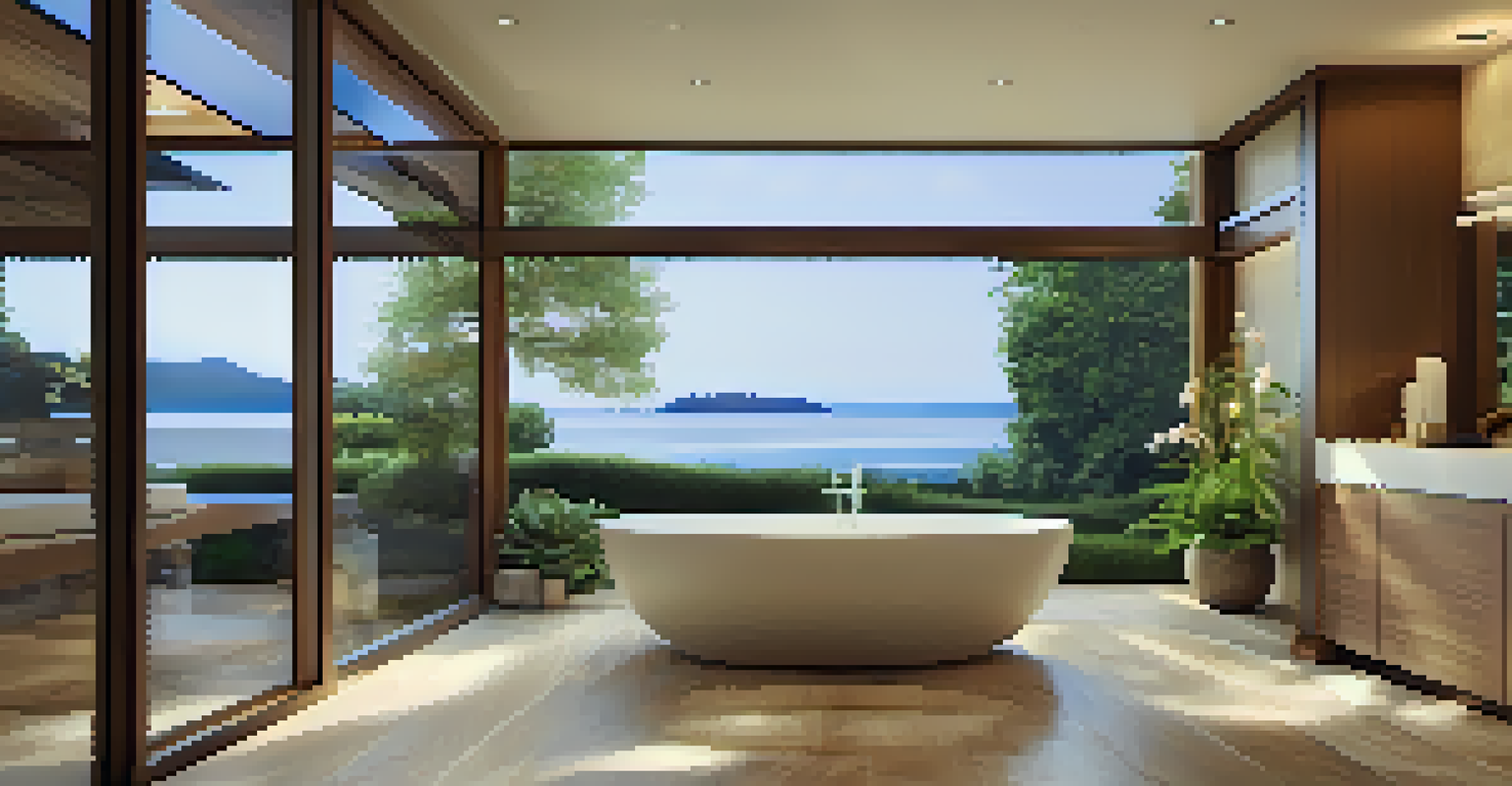 A tranquil bathroom with a soaking tub and natural elements, offering a spa-like experience.