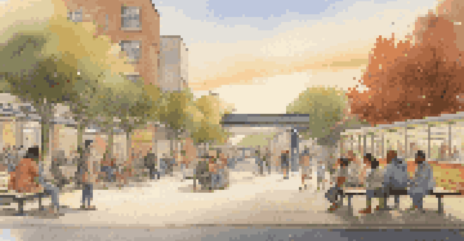 A suburban scene with a new subway station, residents interacting, children playing, and a warm sunset in the background.