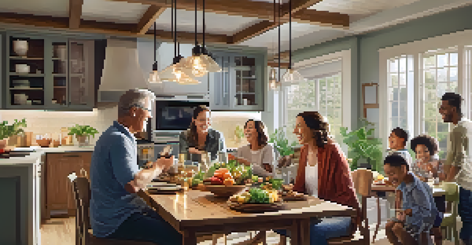 A joyful family gathering in an open concept living space, with people cooking, dining, and engaging in conversation.