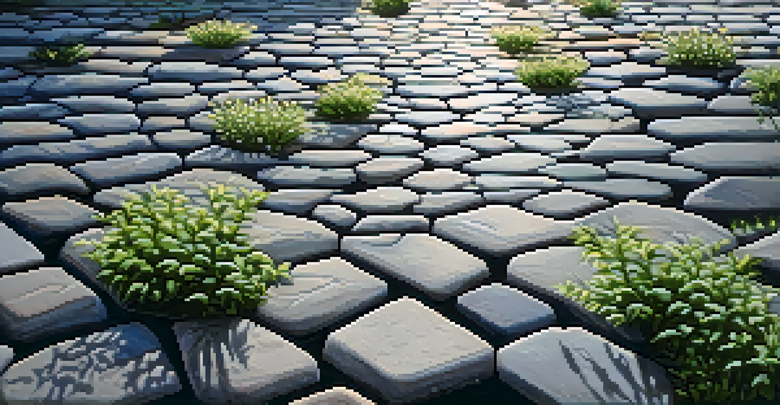 A close-up of permeable pavement with water filtering through stones and small plants growing in the spaces between.