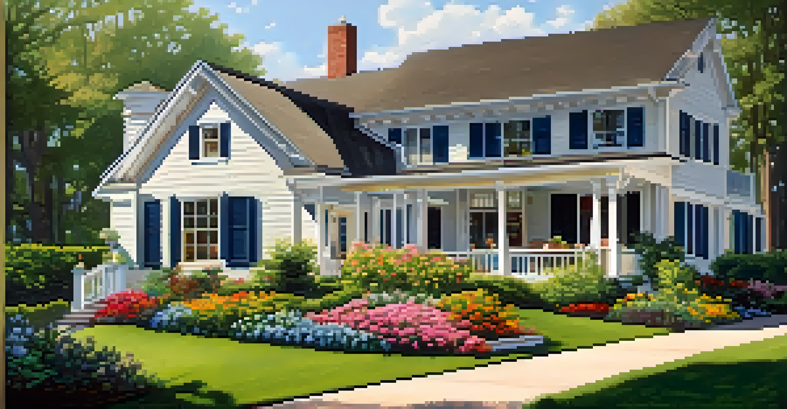 A picturesque suburban home with a lush lawn and flower beds under a clear blue sky.